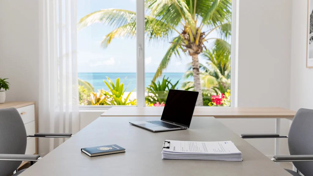 Bureau d'affaires à Victoria aux Seychelles avec documents bancaires pour une société offshore