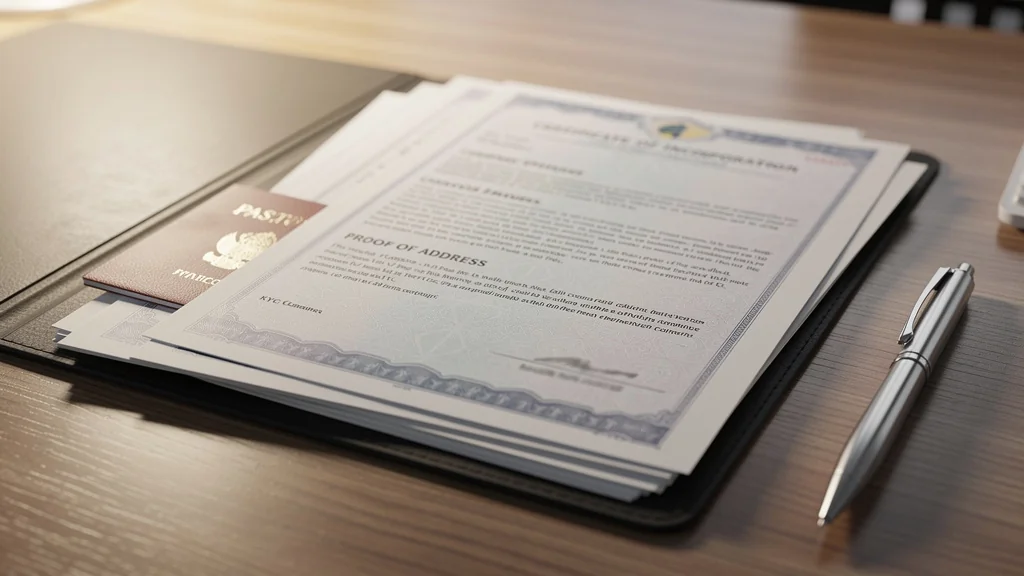 Dossier KYC et passeport préparés pour l'ouverture d'un compte bancaire offshore aux Seychelles