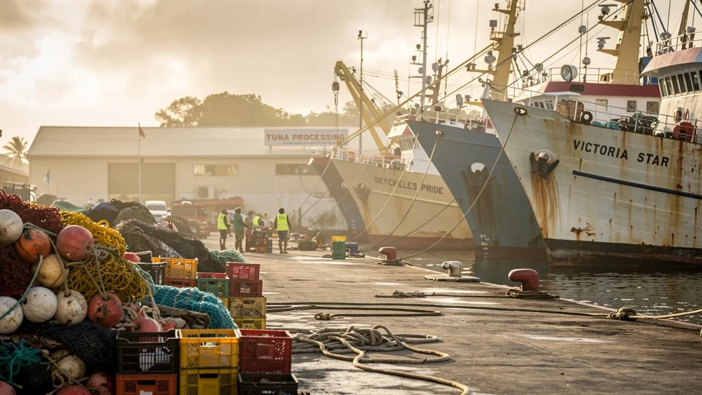 Thoniers à quai au port de Victoria, près de la conserverie de thon des Seychelles