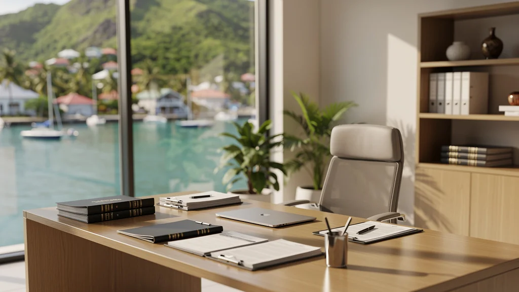 Bureau d'un conseiller fiscal à Victoria aux Seychelles avec documents et vue sur le port de Mahé